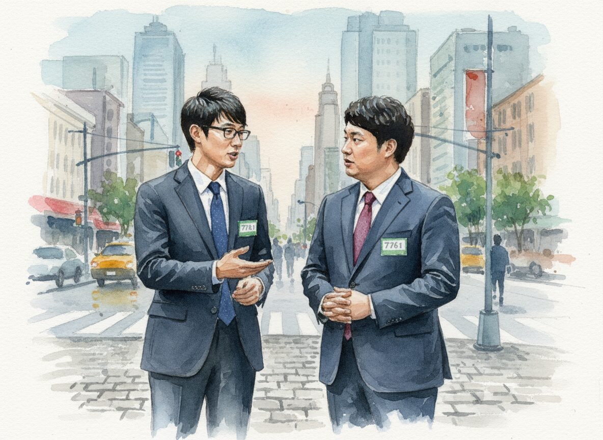 ロングコートダディの2人の水彩画 街中で話している様子