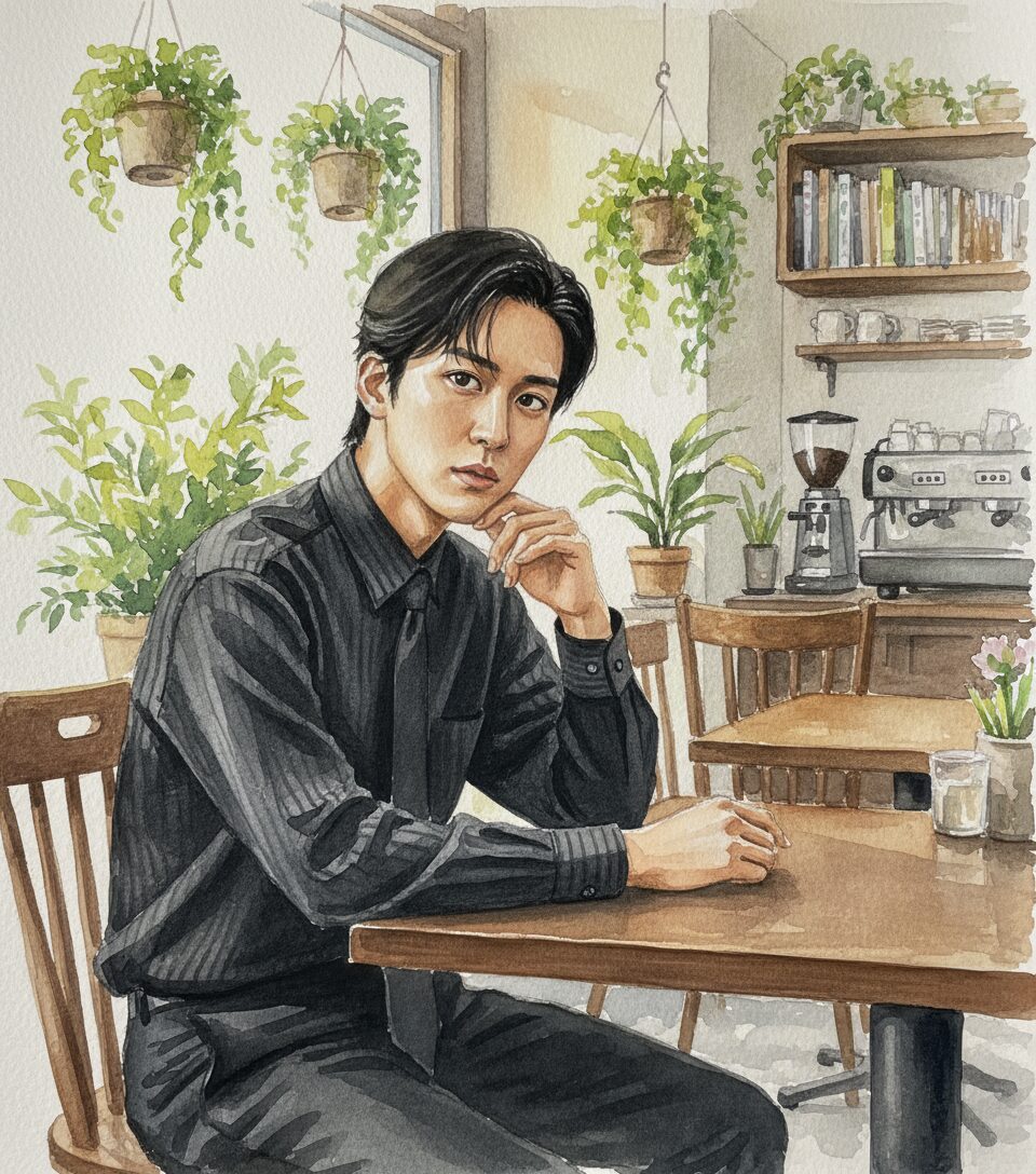 目黒蓮がカフェでくつろいでいる水彩画像