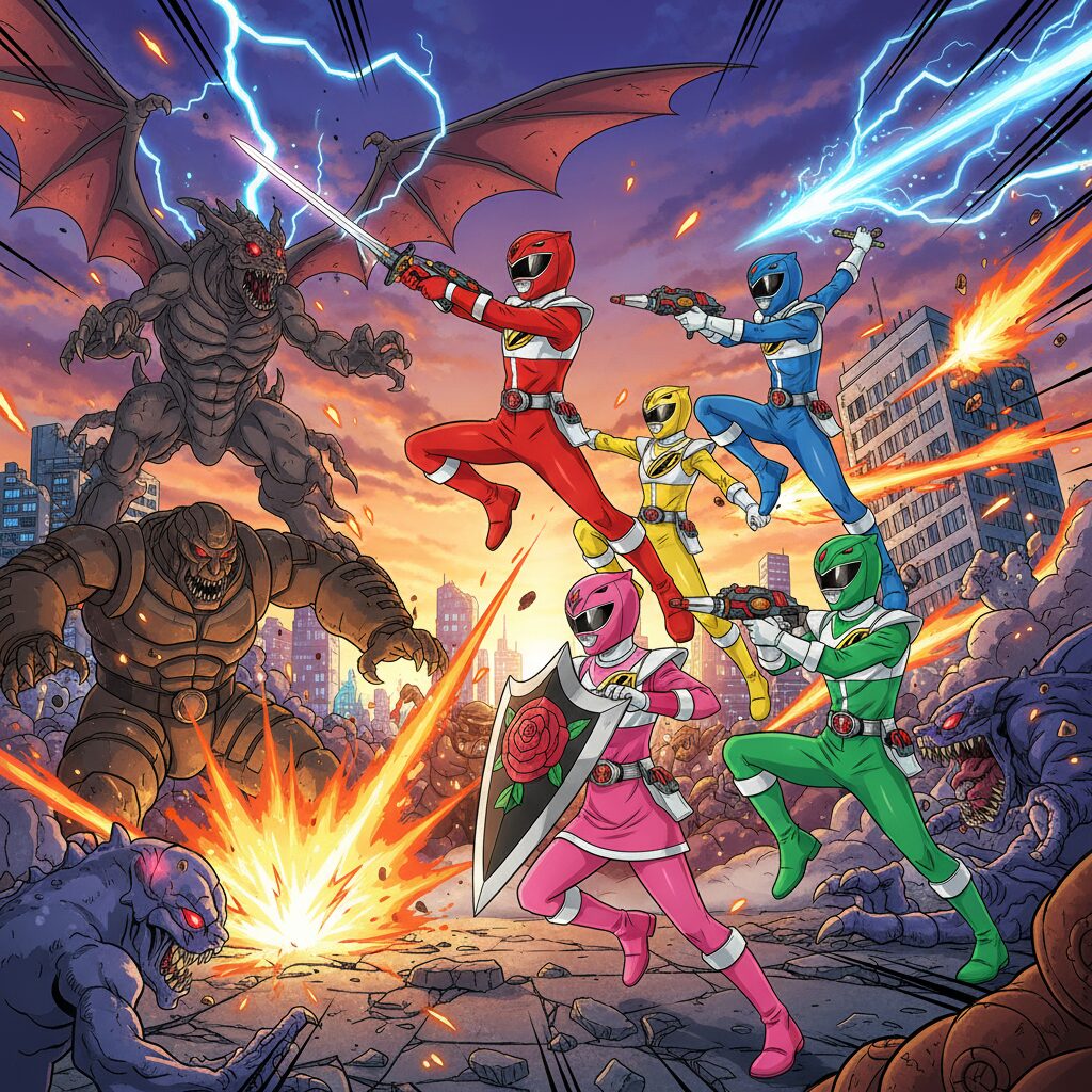 戦隊レンジャーが戦ってる画像