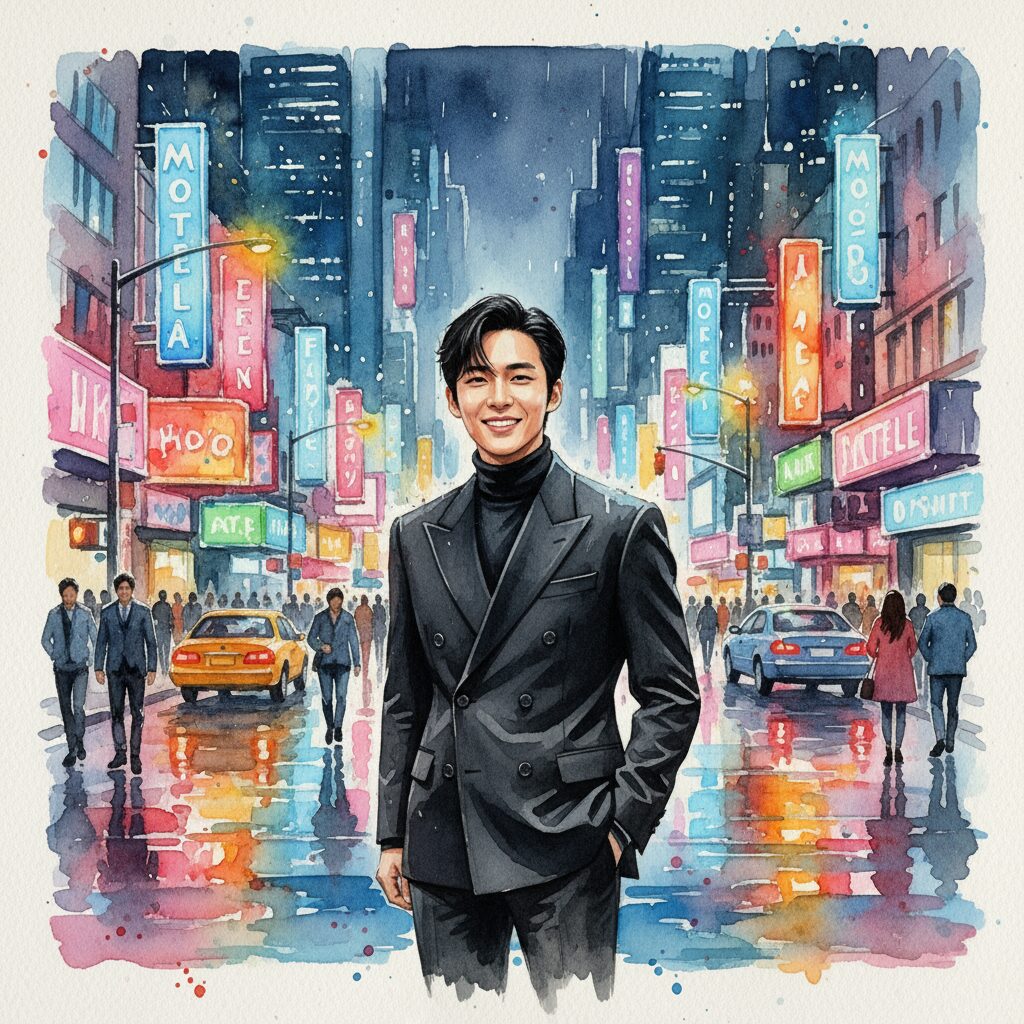 目黒蓮が繁華街にいる水彩画