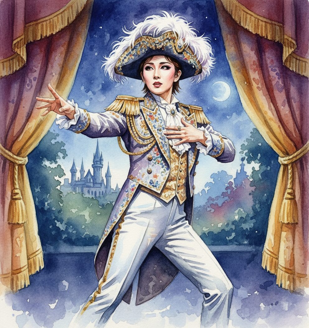 紅ゆずるが宝塚劇場で演技してる水彩画像