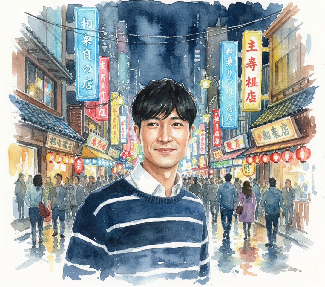 半田周平が夜の繁華街にいる水彩画