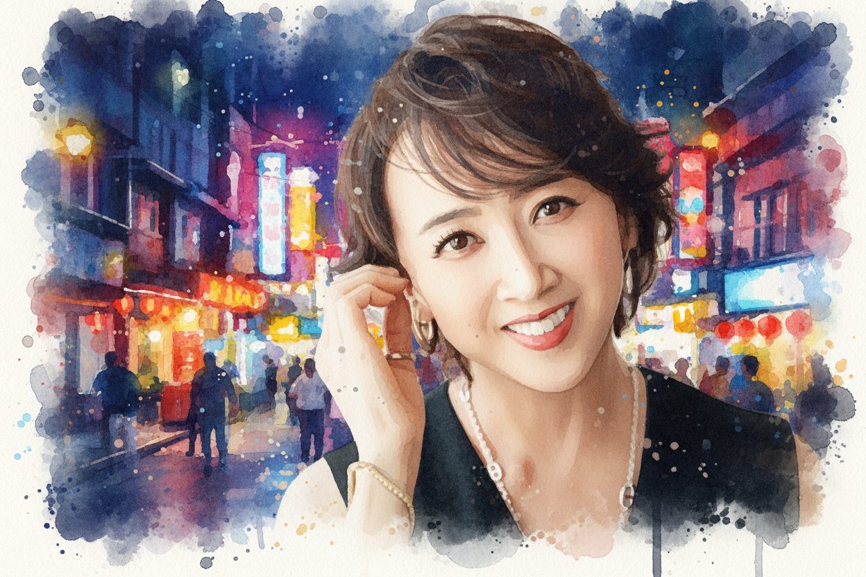 紫吹淳が夜の繁華街にいるような水彩画像