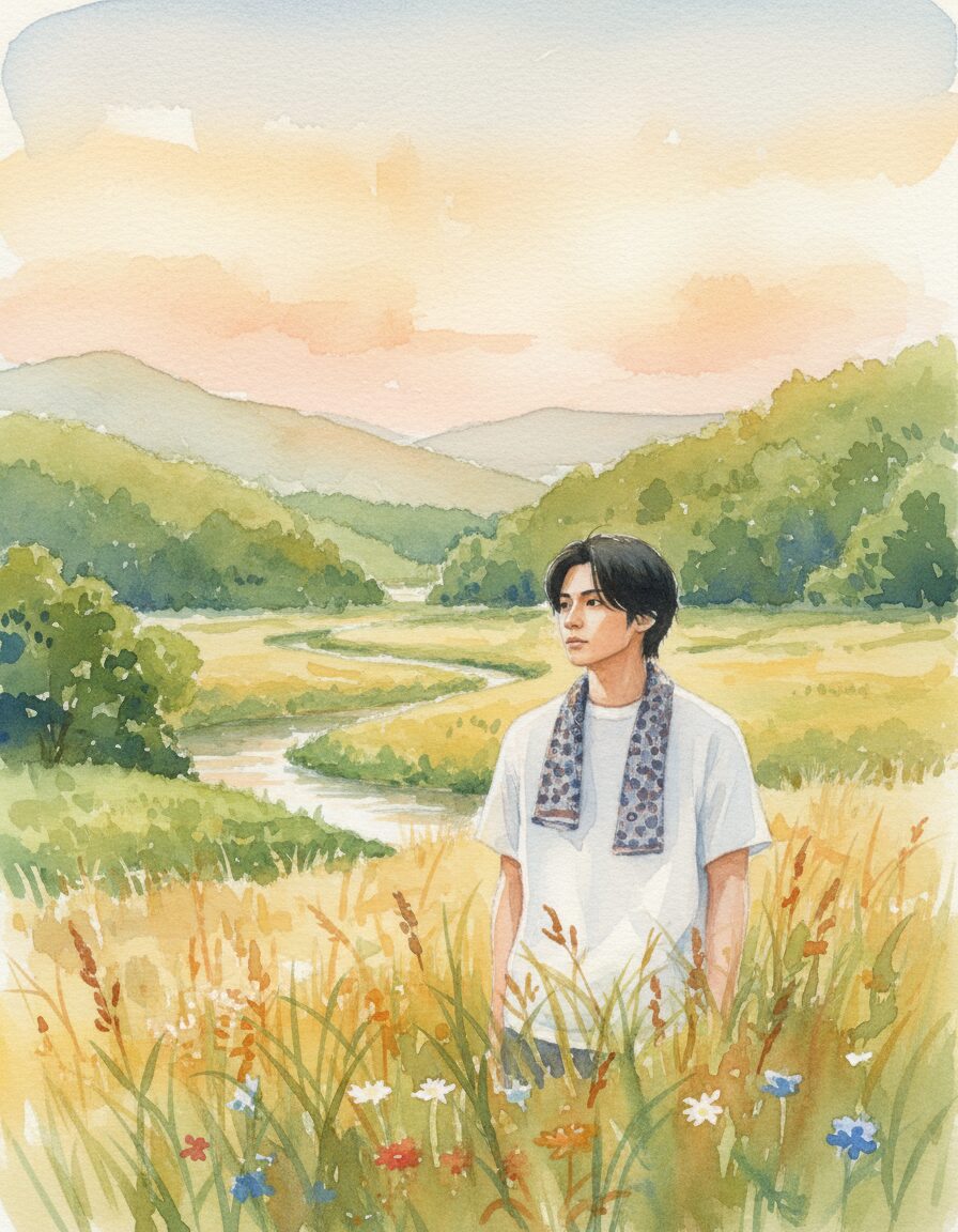 目黒蓮が田舎で黄昏ている水彩画