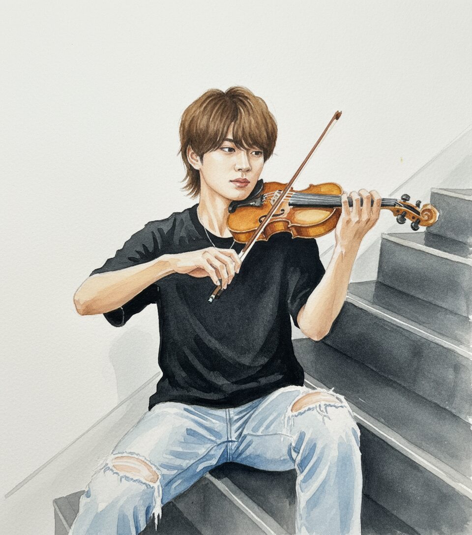 バイオリンを演奏する浮所飛貴さんの水彩画