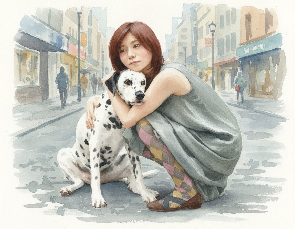 柴田淳が街中で犬の散歩してる水彩画像