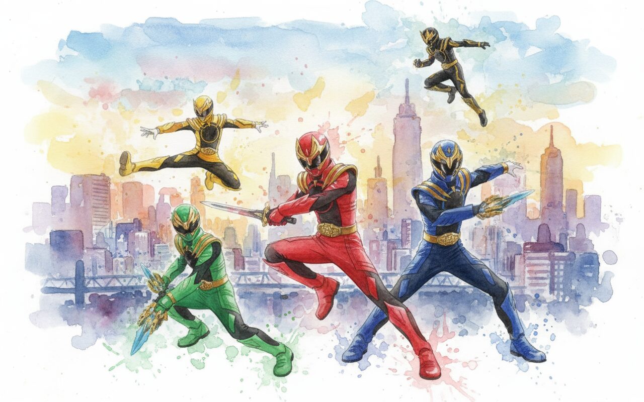 ゴジュウジャーが街で戦ってる水彩画