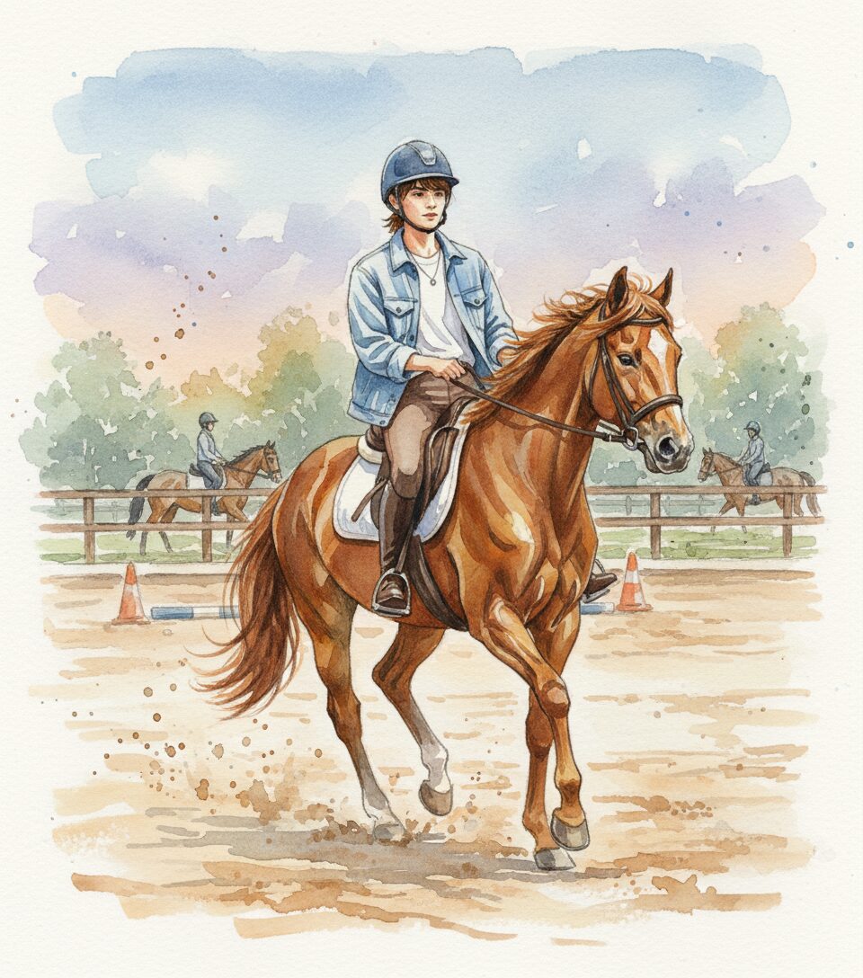 浮所飛貴が乗馬をしている風の水彩画