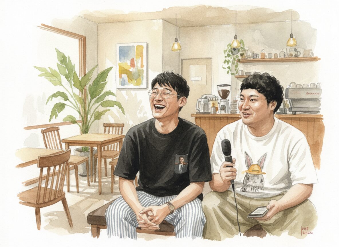 ロングコートダディの2人がカフェでインタビューを受けている水彩画