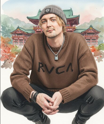 ミツギ・Lが寺の近くで座っている水彩画イラスト