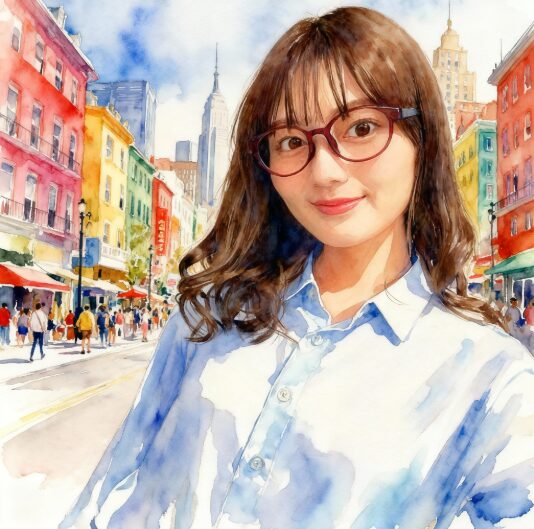 街中で笑顔の水谷果穂さんの水彩画