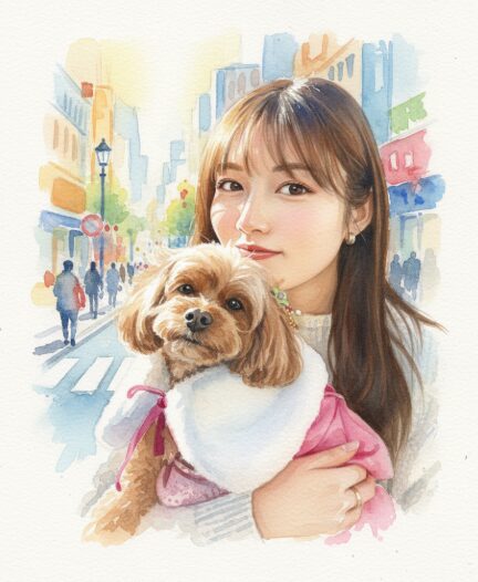 犬の抱いている水谷果穂さんの水彩画