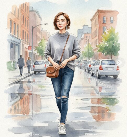 紅ゆずるが街中で歩いている水彩画像