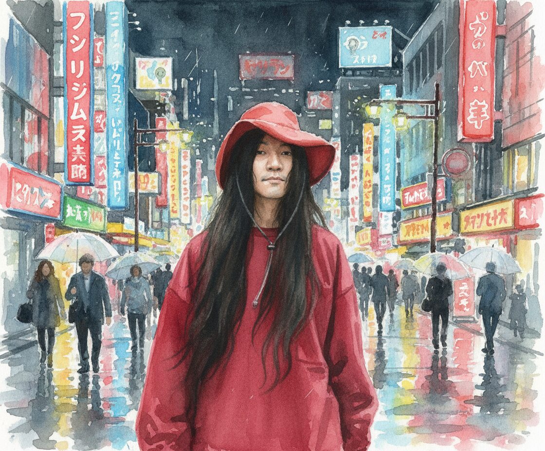 GEZANマヒトゥ・ザ・ピーポーが夜の繁華街で立っている水彩画
