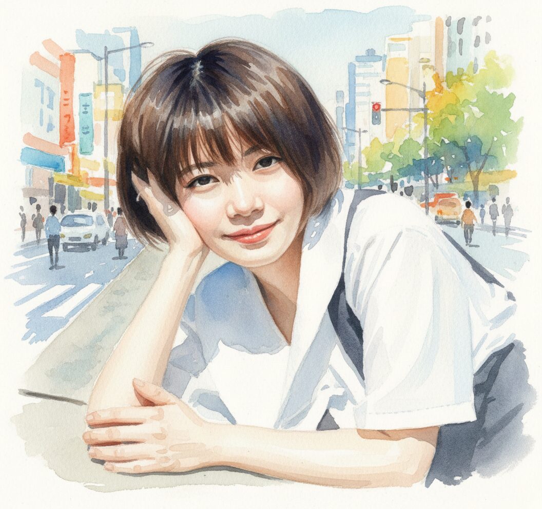 春山椋が街中にいる水彩画