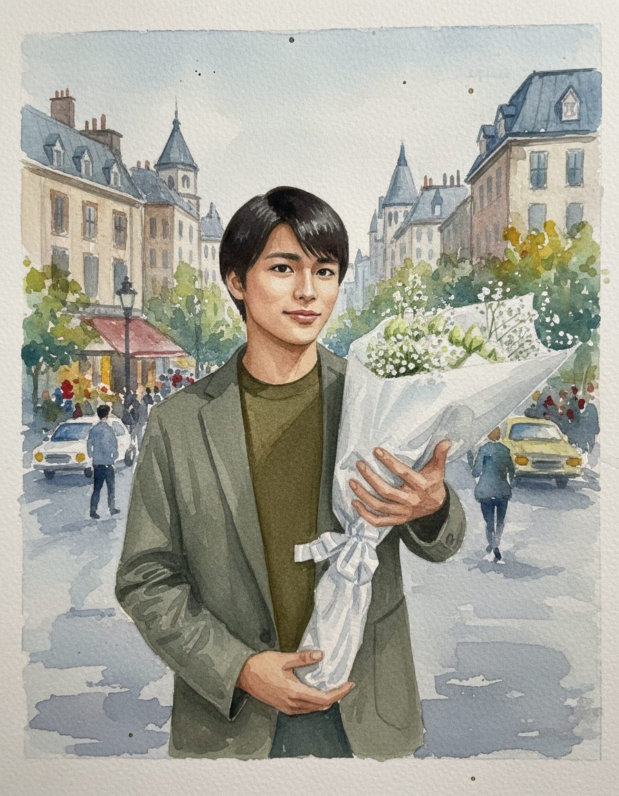 篠塚大輝が街中で花束を持っている水彩画