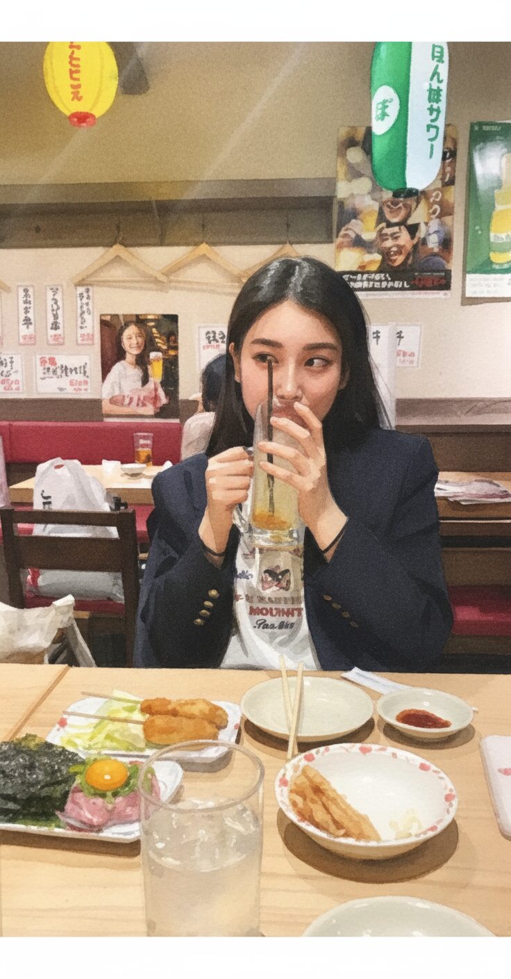 hana momokaが居酒屋でドリンクを飲んでいるイメージ水彩画