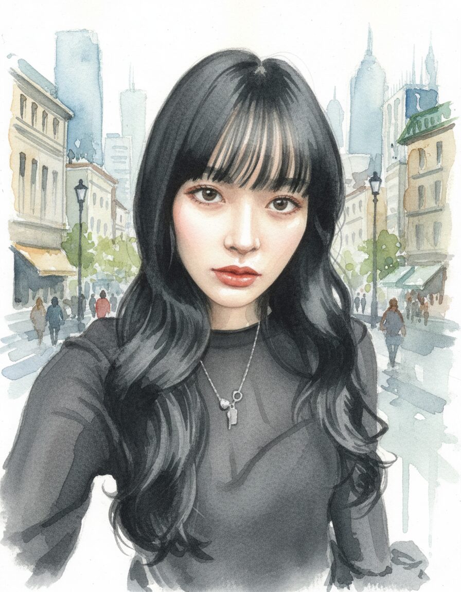 松下恭子が街中にいる水彩画イメージ