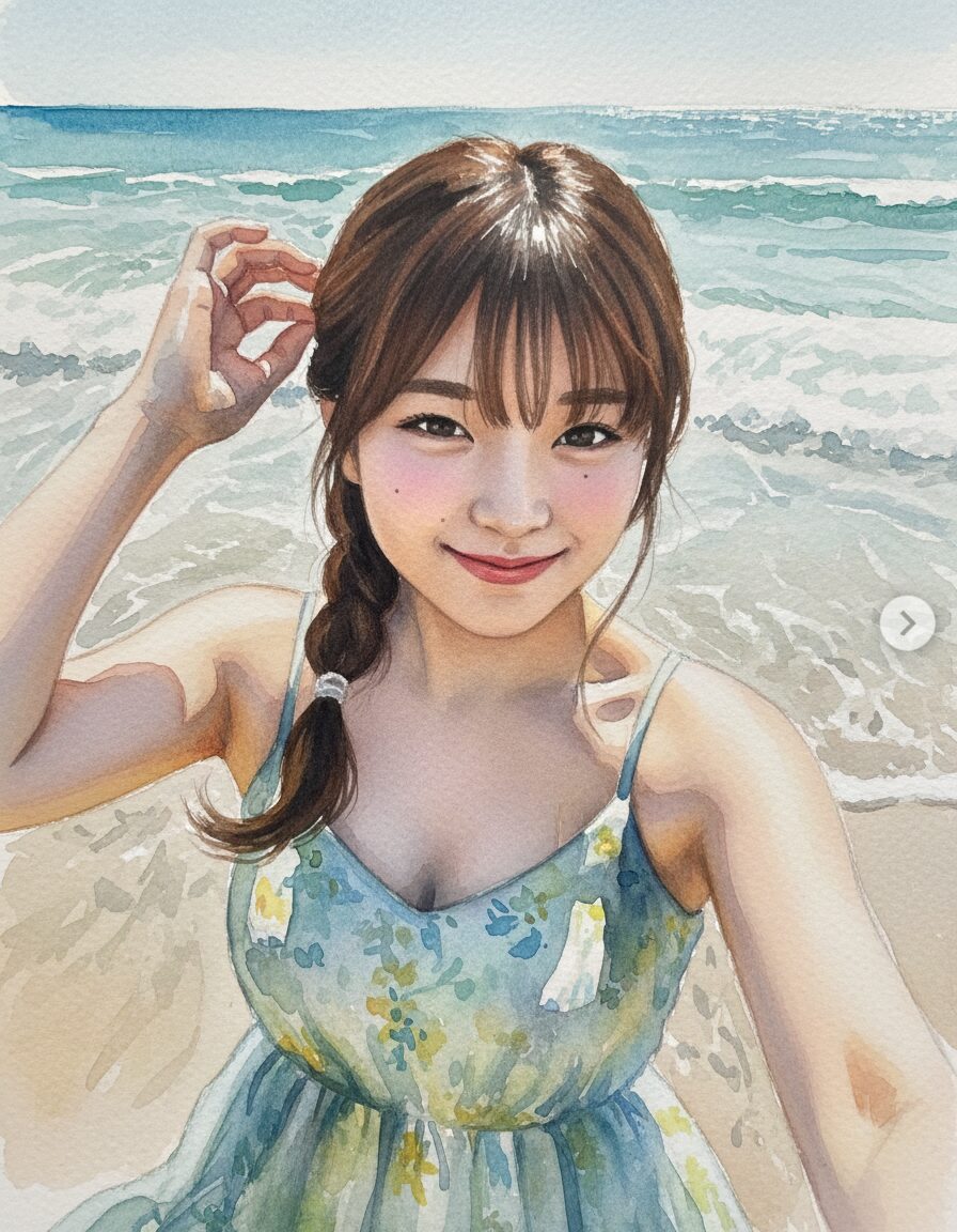 矢野ななかが海で自撮りしてる水彩画
