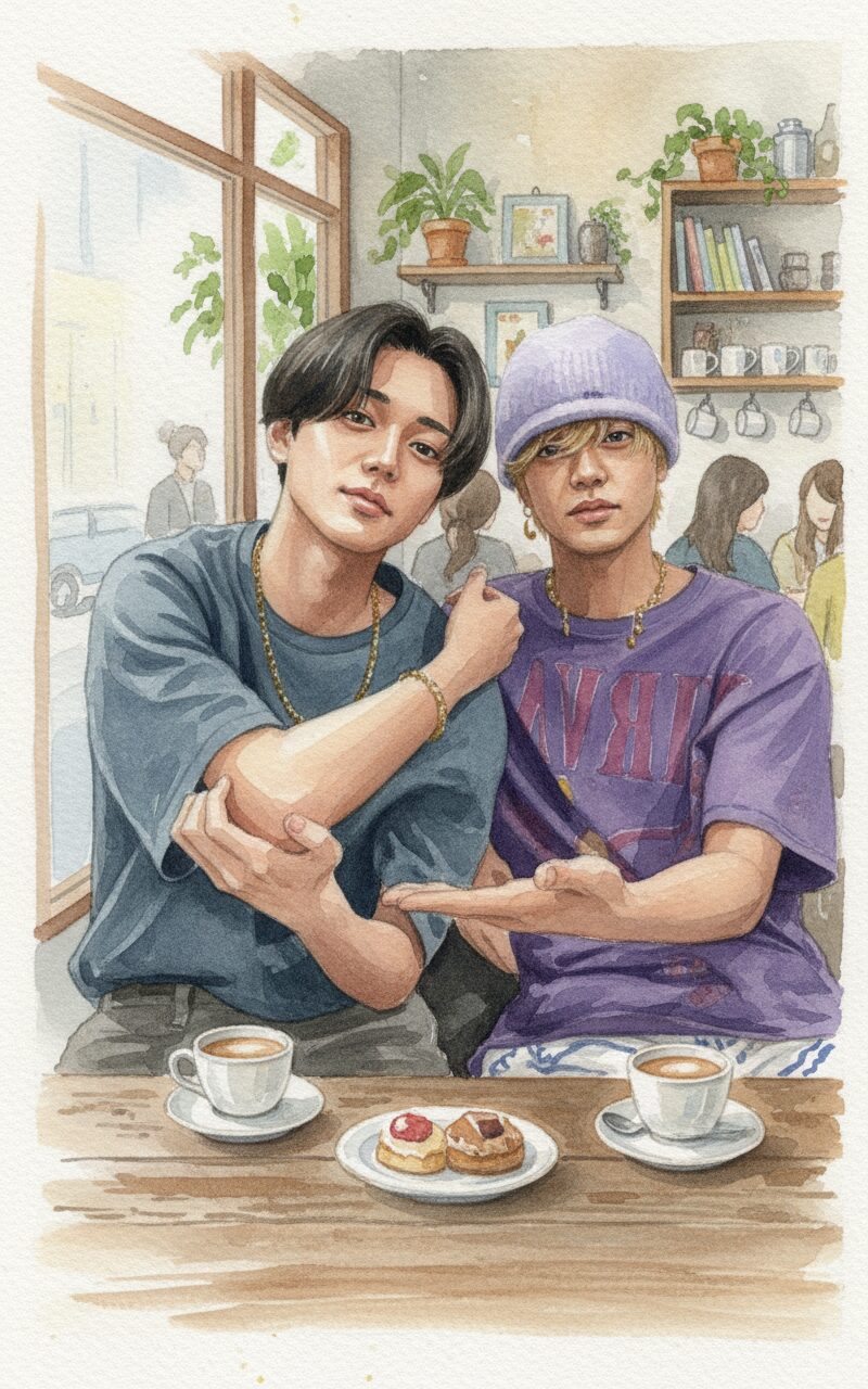 キンプリの二人がカフェでくつろいでる水彩画 