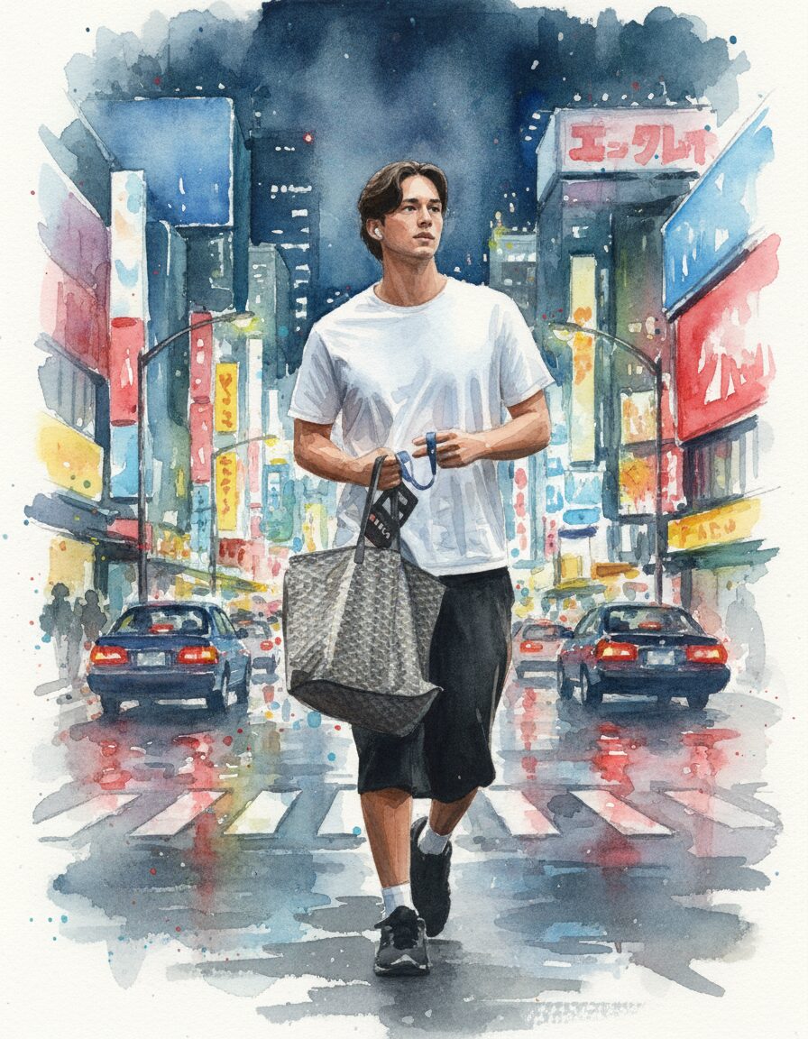 テーブス海が夜の繁華街を歩いている水彩画