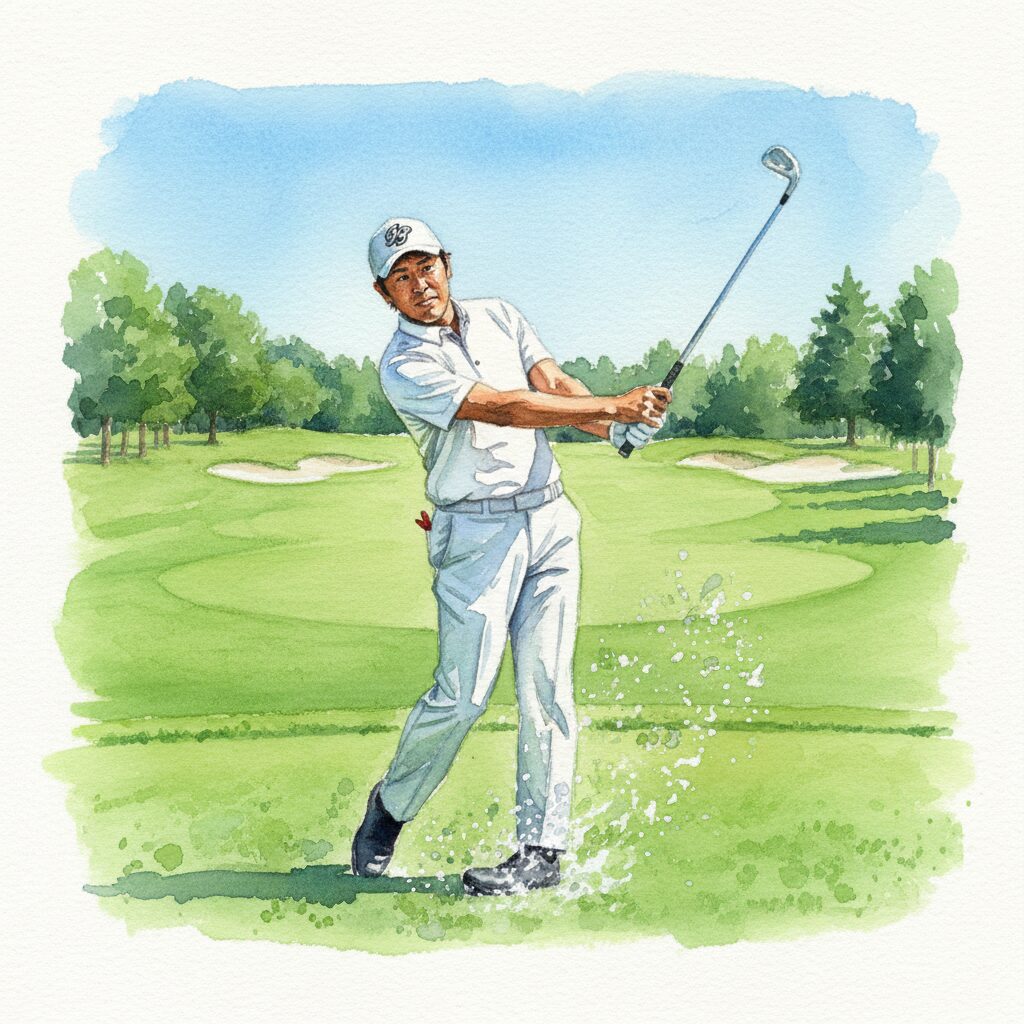 石井忍コーチがゴルフしている水彩画