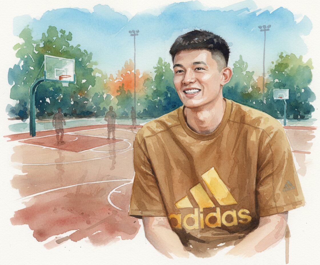 テーブス海がバスケットコート場で笑っている水彩画