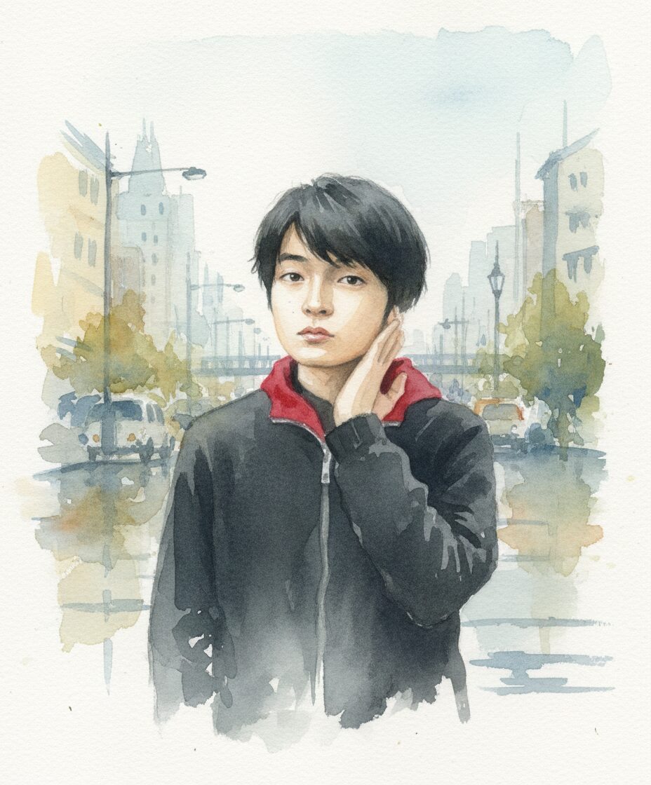 岡山天音が東京都国立市の街中にいる水彩画