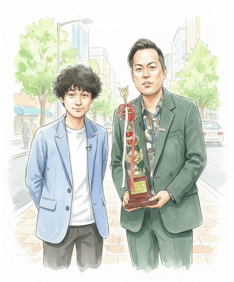 エバースの２人が街中で立っている水彩画像