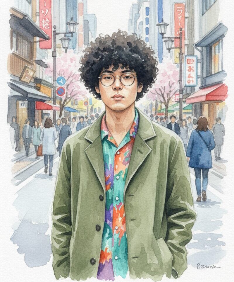 たくろう　きむらバンドが愛媛の街中にいる水彩画