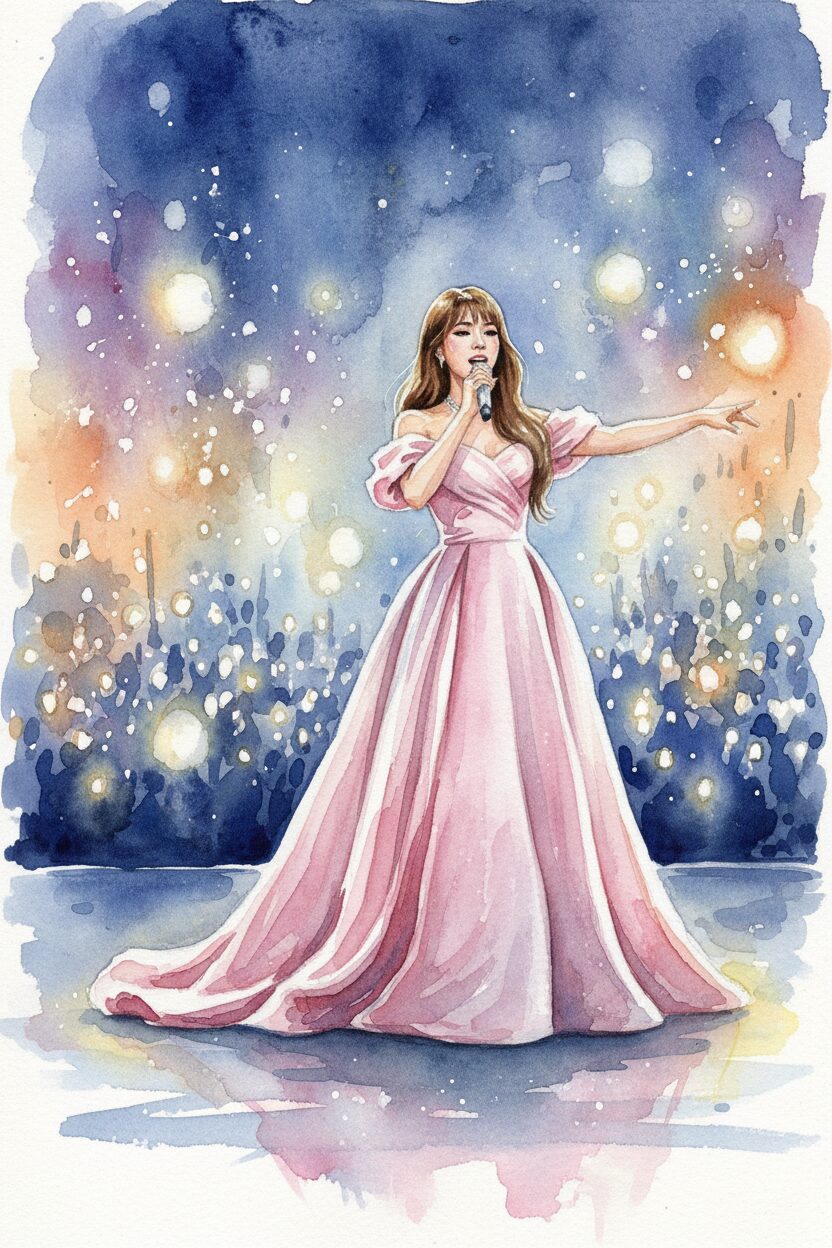 メイリアがコンサート会場で歌っている水彩画