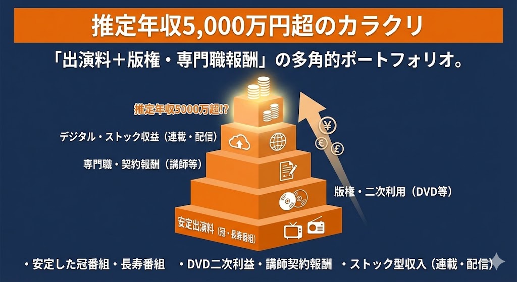 推定年収は5,000万円超え？多角的収益の背景　図解