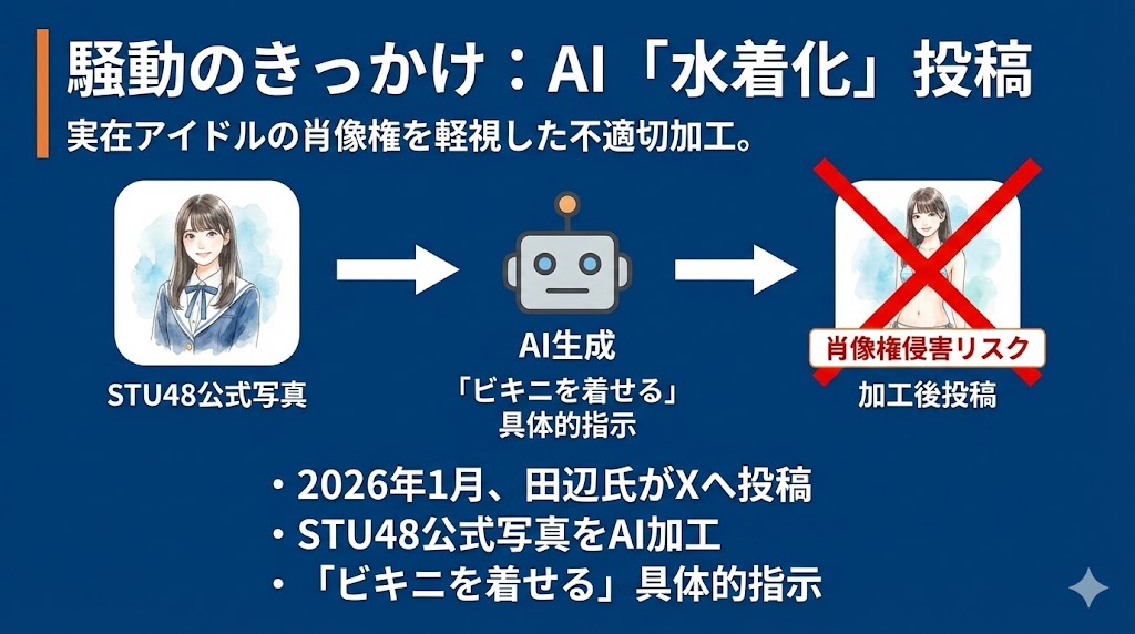 漫画家田辺洋一郎がSTU48のAI画像 水着化投稿　図解