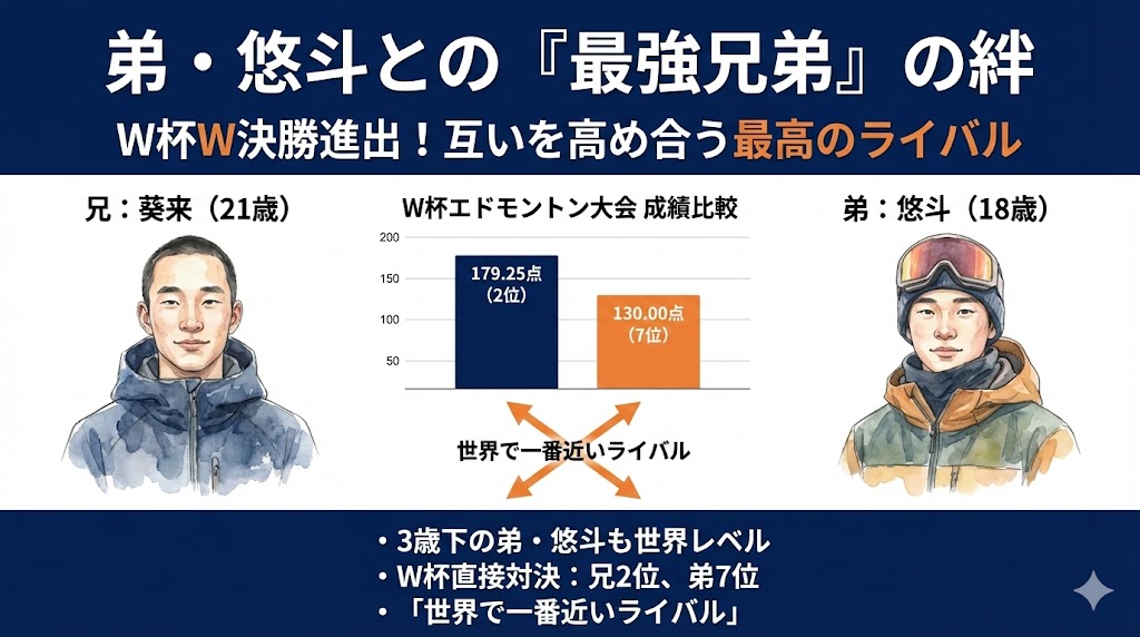 木村葵来と弟・悠斗が並び立つスノーボード世界大会のイメージ図