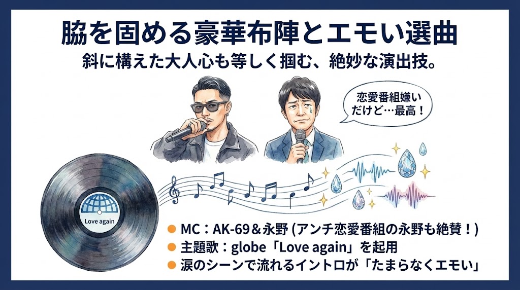 番組を盛り上げるスタジオMCや音楽も大きな話題 MC:AK-69さん、永野さん 主題歌:globe「Love again」 図解